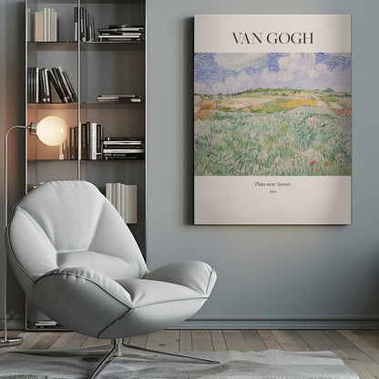 A framed art poster of Vincent van Gogh's painting, 'Plain near Auvers' from 1890. The impressionist landscape shows a vast green field in the foreground, with patchwork fields in the distance under a blue and white cloudy sky. The artist's name is printed in black serif font at the top, with the title and year at the bottom, all on a cream-colored background. Wall Art