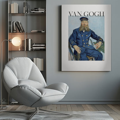 A framed art print of Vincent van Gogh's painting 'Portrait of the Postman Joseph Roulin'. The poster features the painting of a bearded man in a blue uniform, with the text 'VAN GOGH' in large black letters above it, all set against a white background and enclosed in a black frame. Print