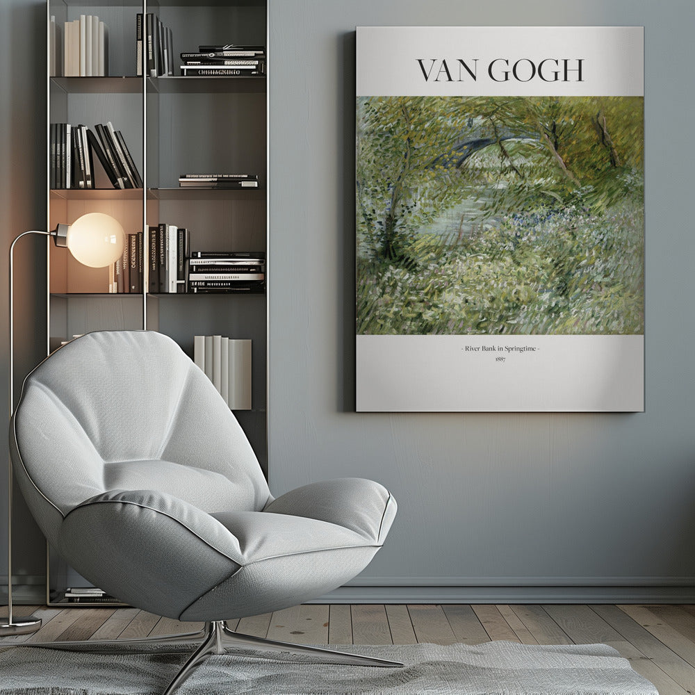 A framed poster of Vincent van Gogh's painting, 'River Bank in Springtime'. The impressionist artwork depicts a lush green landscape with a river and a stone bridge, painted with visible, textured brushstrokes. The title and artist's name are printed on a white border. Artwork