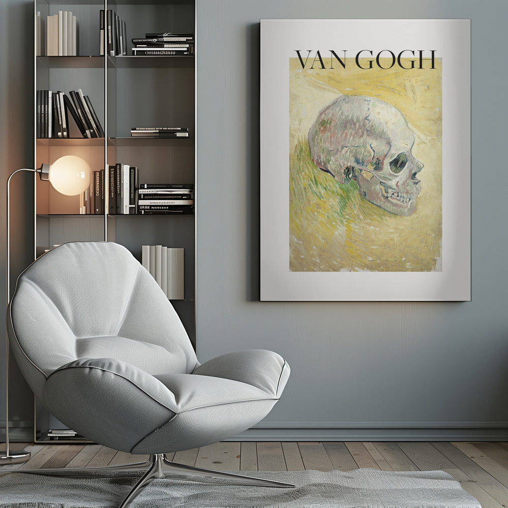 A framed poster featuring Vincent van Gogh's painting of a human skull. The skull is depicted in profile against a painterly yellow and green background. The artist's name 'VAN GOGH' is printed in large black letters above the artwork. Wall Art