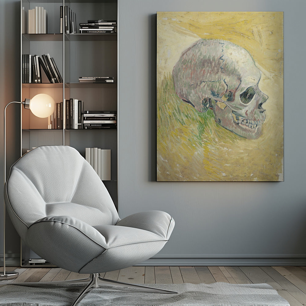 A post-impressionist painting by Vincent van Gogh, 'Skull,' featuring a human skull in profile against a textured, impasto background of swirling yellow and ochre hues. The skull is rendered with shades of white, grey, and hints of green. Print