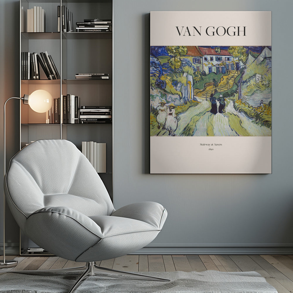 A framed art print of Vincent van Gogh's painting 'Stairway at Auvers', 1890. The post-impressionist artwork shows a vibrant landscape with figures walking on a path toward houses on a hill, rendered in expressive green, yellow, and blue brushstrokes. Decor