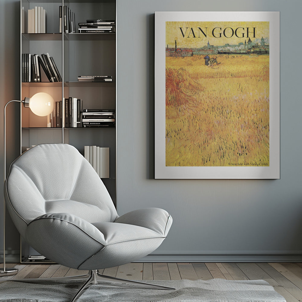 A framed poster of Vincent van Gogh's painting 'Wheat Field with View of Arles'. The impressionist artwork features a vast, textured golden wheat field with harvesters, and the city of Arles in the background. The title 'VAN GOGH' is printed prominently at the top. Decor