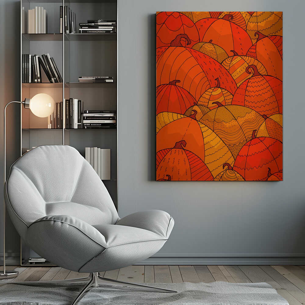A stylized illustration of a dense patch of overlapping pumpkins. The pumpkins are various shades of orange, red, and yellow, and are decorated with intricate black line patterns, including zig-zags, stripes, and dots, creating a festive, autumnal pattern. Wall Art