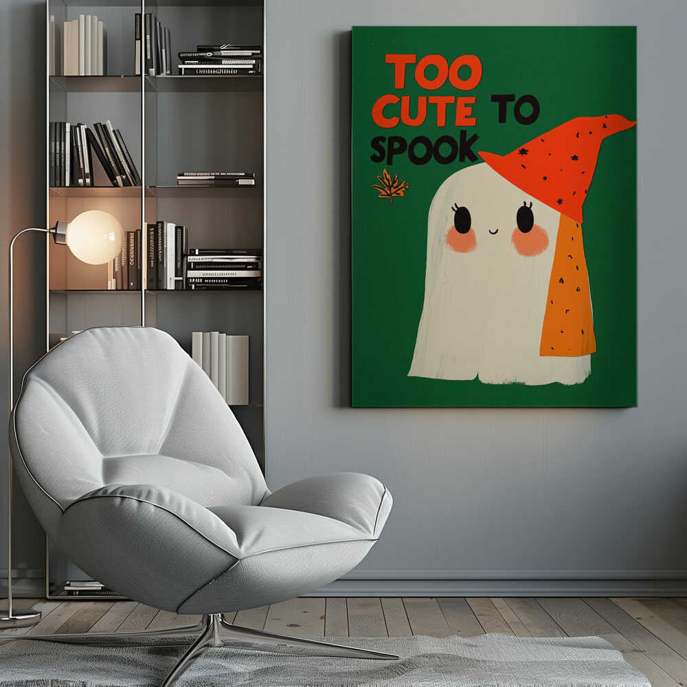 A whimsical illustration of a friendly white ghost with rosy cheeks and a smiling face, wearing a pointy orange hat with black flecks. The background is a solid dark green, and above the ghost, the text 'TOO CUTE TO SPOOK' is written in orange and black block letters, next to a small autumn leaf. Artwork