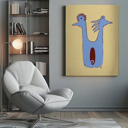 A whimsical, folk-art illustration of a two-headed blue creature against a textured pale yellow background. The creature has a U-shaped body with a dark red oval in the center. The two heads face opposite directions, each with a unique crest. The artwork is enclosed in a thin black frame. Poster