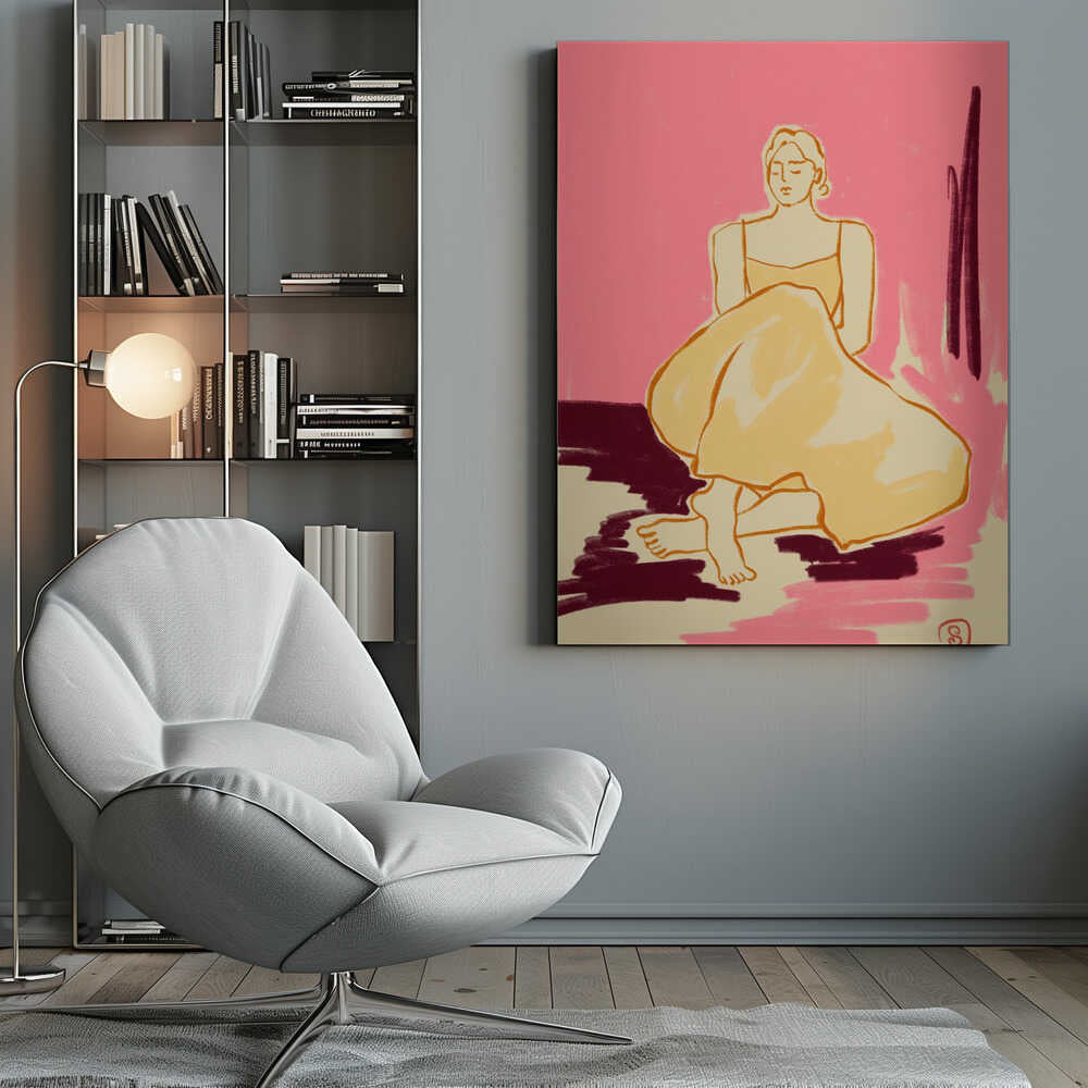 A minimalist illustration of a woman sitting on the floor with her eyes closed. She is wearing a yellow dress, and the background is a bright pink with patches of dark red and cream on the floor, rendered in a painterly style. Artwork