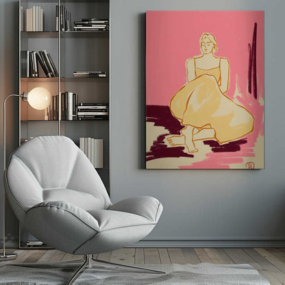 A minimalist illustration of a woman sitting on the floor with her eyes closed. She is wearing a yellow dress, and the background is a bright pink with patches of dark red and cream on the floor, rendered in a painterly style. Artwork