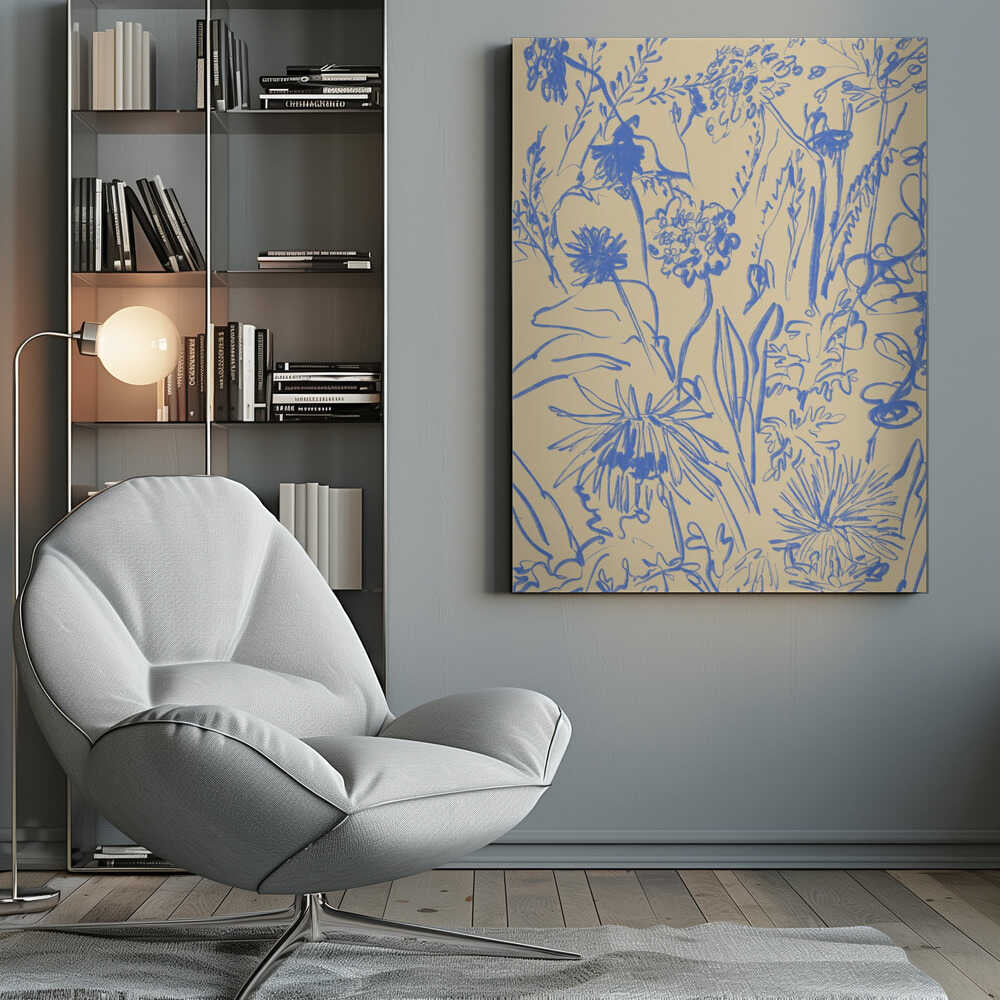 An expressive blue line drawing of various wildflowers and foliage on a beige background, enclosed in a simple black frame. The style is loose and sketchy, creating a dense and vibrant botanical composition. Decor