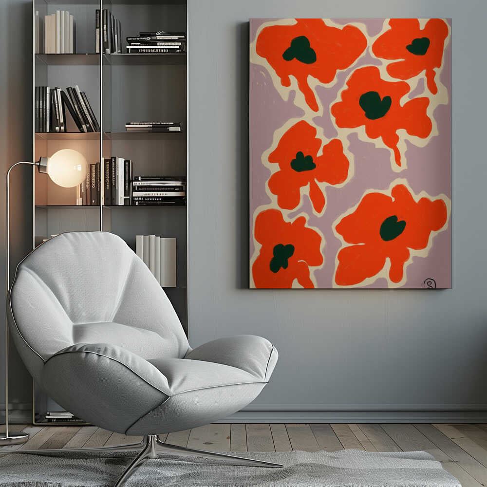 A framed art print depicting a pattern of large, stylized red-orange poppies with dark green centers against a pale lavender background. Each flower is outlined in a thick, cream-colored border, giving the piece a bold, modern, and graphic quality. Wall Art