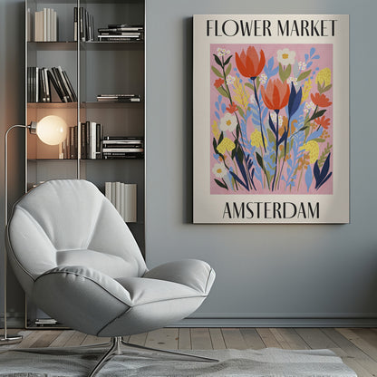 A vintage-style poster for the 'FLOWER MARKET AMSTERDAM'. The artwork features a vibrant illustration of various stylized flowers, including red tulips, white daisies, and yellow and blue foliage, set against a solid pink background. The text is in a black serif font, with 'FLOWER MARKET' at the top and 'AMSTERDAM' at the bottom, all enclosed by a cream-colored border and a simple black frame. Poster