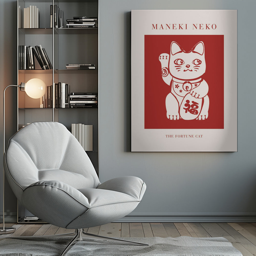 A minimalist graphic poster featuring a Japanese Maneki Neko, or fortune cat. The cat is cream-colored with red outlines, set inside a bold red square. The poster has a cream border with the text 'MANEKI NEKO' at the top and 'THE FORTUNE CAT' at the bottom, all enclosed in a thin black frame. Wall Art