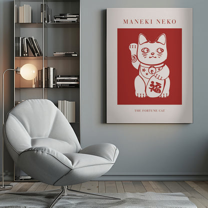 A minimalist graphic poster featuring a Japanese Maneki Neko, or fortune cat. The cat is cream-colored with red outlines, set inside a bold red square. The poster has a cream border with the text 'MANEKI NEKO' at the top and 'THE FORTUNE CAT' at the bottom, all enclosed in a thin black frame. Wall Art