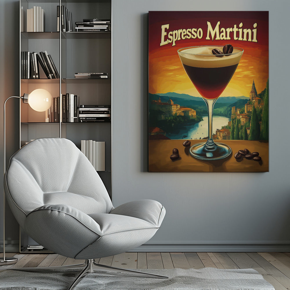 A vintage-style poster advertising an 'Espresso Martini'. In the foreground, a martini glass filled with the dark cocktail is garnished with coffee beans. The background features a scenic European landscape with a river and village against a vibrant orange and red sunset sky. Poster