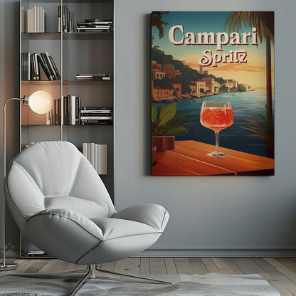 A vintage-style travel poster advertising a Campari Spritz. In the foreground, a wine glass filled with the bright red cocktail sits on a wooden table overlooking a scenic Italian coastal town at sunset. The words 'Campari Spritz' are written in large, stylized font at the top. Poster