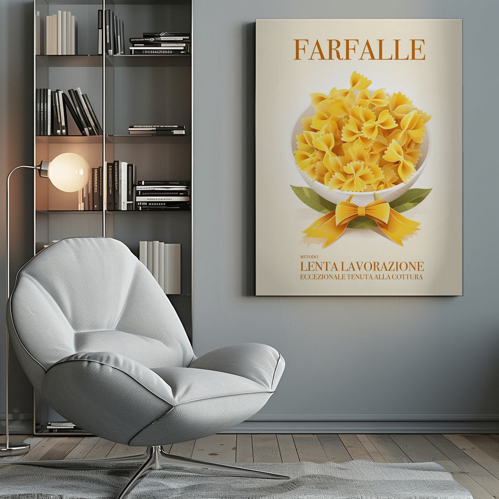 A vintage-style Italian food poster for farfalle pasta. The artwork features a full white bowl of yellow bow-tie pasta on a cream background, with green leaves and a yellow ribbon tied in a bow at its base. The word 'FARFALLE' is printed at the top in orange. Wall Art