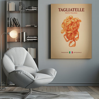 A vintage-style poster advertising Italian pasta, featuring a detailed illustration of a nest of orange tagliatelle against a light beige background. The poster includes the text 'TAGLIATELLE PASTA ITALIANA' at the top and 'TRADIZIONE ARTIGIANALE' with an Italian flag at the bottom. Wall Art
