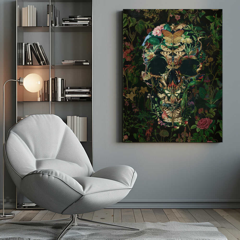An intricate artwork of a human skull formed entirely from a collage of colorful flora and fauna, including butterflies, birds, insects, and flowers, set against a dark, dense botanical background. Wall Art
