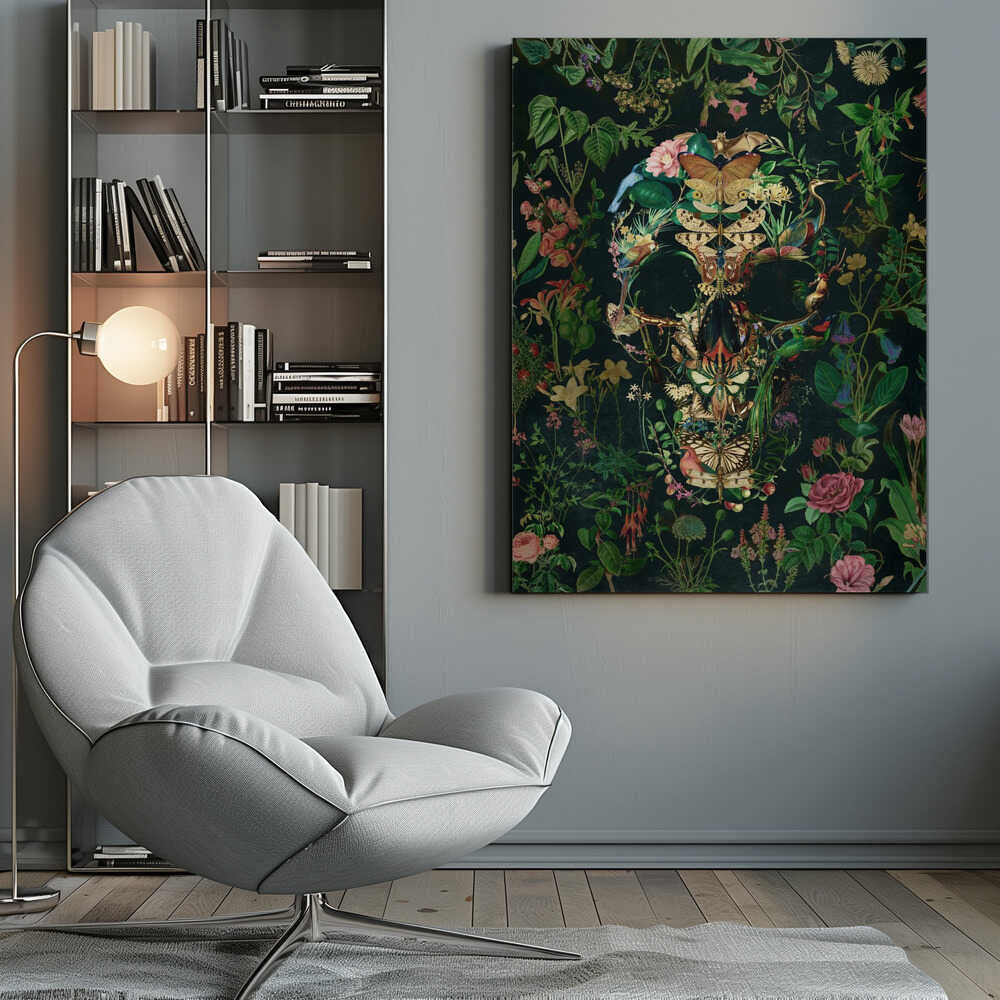 An intricate collage of various flowers, insects, birds, and other animals arranged to form the shape of a human skull. The background is a dark, lush tapestry of green leaves and colorful blossoms, creating a moody and detailed botanical illustration. Wall Art