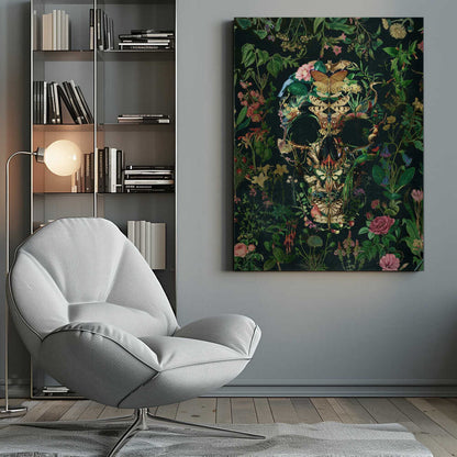 An intricate collage of various flowers, insects, birds, and other animals arranged to form the shape of a human skull. The background is a dark, lush tapestry of green leaves and colorful blossoms, creating a moody and detailed botanical illustration. Wall Art