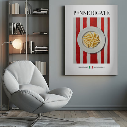 A framed art print featuring a painted illustration of a white plate of penne rigate pasta. The plate is centered on a background of bold red and white vertical stripes. At the top, the words 'PENNE RIGATE' are printed in a black serif font. At the bottom, the Italian words 'TRADIZIONE' and 'ARTIGIANALE' are shown with small green and red squares, evoking the Italian flag. Artwork