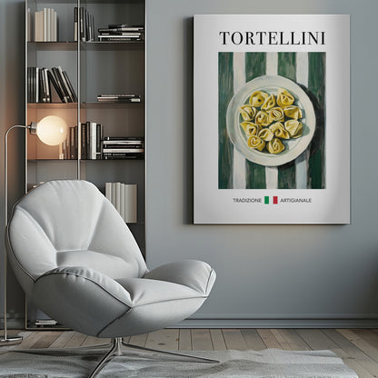 A framed vintage-style poster featuring a painted illustration of a plate of tortellini on a green and white striped background. The word 'TORTELLINI' is at the top, and 'TRADIZIONE ARTIGIANALE' with the Italian flag is at the bottom. Artwork