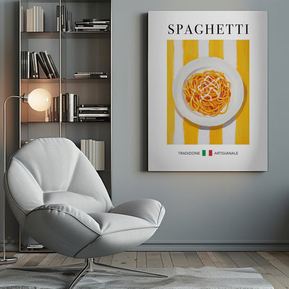 A vintage-style food poster in a black frame featuring a painting of a plate of spaghetti with sauce. The plate is set against a background of bold yellow and white vertical stripes. The word 'SPAGHETTI' is written in a black serif font at the top. At the bottom, the Italian words 'TRADIZIONE' and 'ARTIGIANALE' are separated by a small Italian flag. Artwork