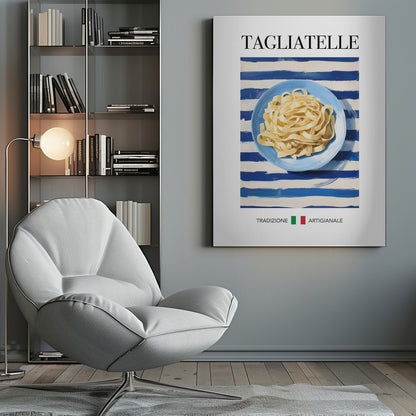 A vintage-style art print of a blue plate filled with tagliatelle pasta, set against a blue and white striped background. The word 'TAGLIATELLE' is printed at the top, and 'TRADIZIONE ARTIGIANALE' with an Italian flag is at the bottom. Artwork