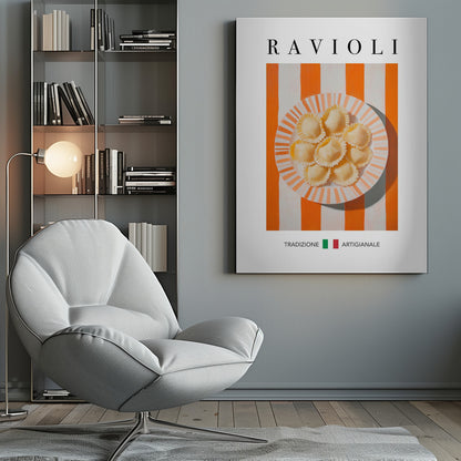 A modern food poster with the word 'RAVIOLI' at the top. A plate of fresh ravioli sits on a surface with bold orange and white vertical stripes. At the bottom, the Italian words 'TRADIZIONE' and 'ARTIGIANALE' are separated by a small Italian flag. Artwork