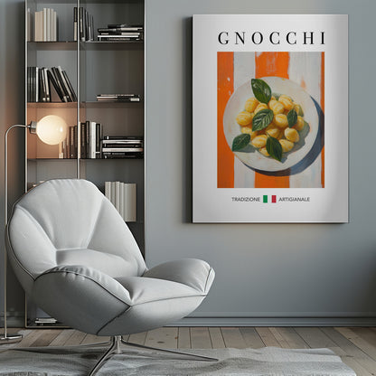 A framed poster featuring a painted illustration of a plate of gnocchi with fresh basil. The background has bold orange and white vertical stripes. The word 'GNOCCHI' is at the top, and 'TRADIZIONE ARTIGIANALE' with an Italian flag is at the bottom. Decor