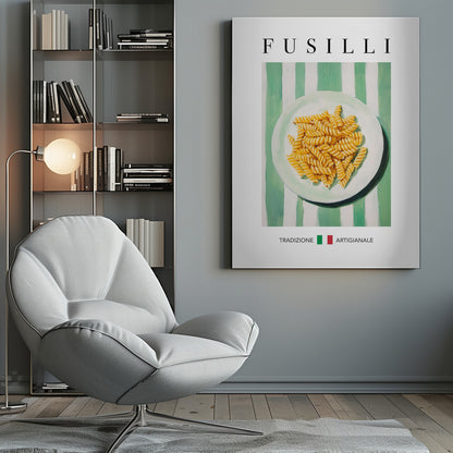 A vintage-style art print of a plate of fusilli pasta on a green and white striped background. The word 'FUSILLI' is printed at the top in black serif font. At the bottom, the words 'TRADIZIONE' and 'ARTIGIANALE' are separated by a small Italian flag icon. The poster is shown in a black frame. Wall Art