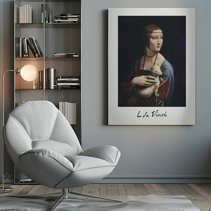 A framed art print of Leonardo da Vinci's painting, 'Lady with an Ermine'. The Renaissance portrait shows a woman holding a white ermine. The print has a white border with 'L da Vinci' signed at the bottom, mimicking a polaroid. Artwork