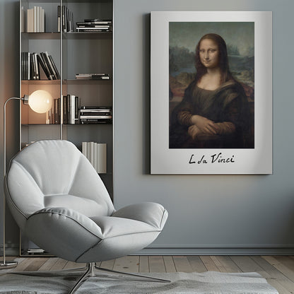 A framed art print of the Mona Lisa, styled like a polaroid picture with 'L da Vinci' handwritten underneath. The classic painting is set against a white mat within a simple black frame. Poster