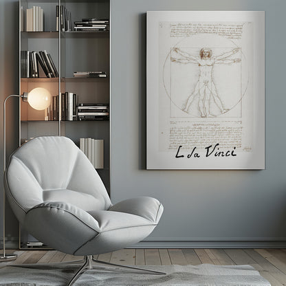 A framed print of Leonardo da Vinci's 'Vitruvian Man.' The famous sepia-toned sketch on aged paper shows a nude male figure in two poses, circumscribed by a circle and a square, with handwritten notes above and below. The artist's name is written at the bottom. Decor
