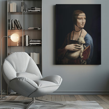 A classic portrait painting by Leonardo da Vinci, 'Lady with an Ermine,' in a thin black frame. The painting shows a woman in Renaissance attire with her hair pulled back, holding a white ermine against a dark, plain background. She is turned three-quarters and looks off to the side. Artwork
