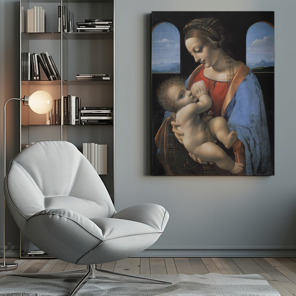 A Renaissance painting of the Madonna and Child, known as 'Madonna Litta' by Leonardo da Vinci. The Virgin Mary, dressed in a red gown and blue mantle, gazes down lovingly at the infant Jesus whom she holds in her arms. The scene is set in a dark room with two arched windows that open to a serene, mountainous landscape. Artwork