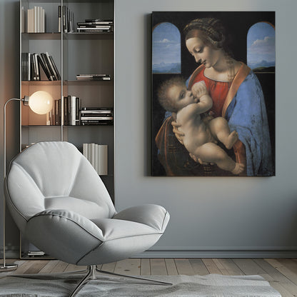 A Renaissance painting of the Madonna and Child, known as 'Madonna Litta' by Leonardo da Vinci. The Virgin Mary, dressed in a red gown and blue mantle, gazes down lovingly at the infant Jesus whom she holds in her arms. The scene is set in a dark room with two arched windows that open to a serene, mountainous landscape. Artwork