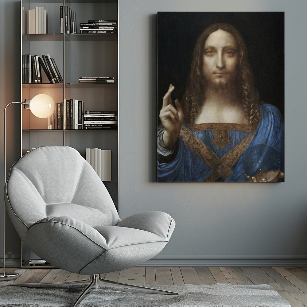 A framed portrait painting of Jesus Christ, known as Salvator Mundi, attributed to Leonardo da Vinci. He is depicted against a dark background, wearing a blue robe, with his right hand raised in blessing and his left holding a crystal orb. Wall Art