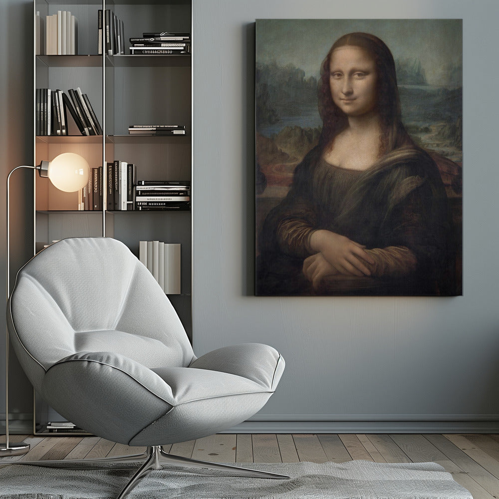 The famous Renaissance portrait painting, Mona Lisa by Leonardo da Vinci, featuring a woman with a gentle, enigmatic smile. She is depicted from the waist up, with her hands crossed, set against a distant, atmospheric landscape of mountains and water. The painting, in a black frame, has a muted color palette of browns, greens, and ochres. Poster