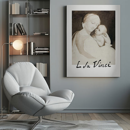 A framed poster of a Leonardo da Vinci drawing depicting the Madonna tenderly holding the infant Jesus. The piece is rendered in monochrome shades of brown and cream with the artist's signature 'L da Vinci' at the bottom. Decor