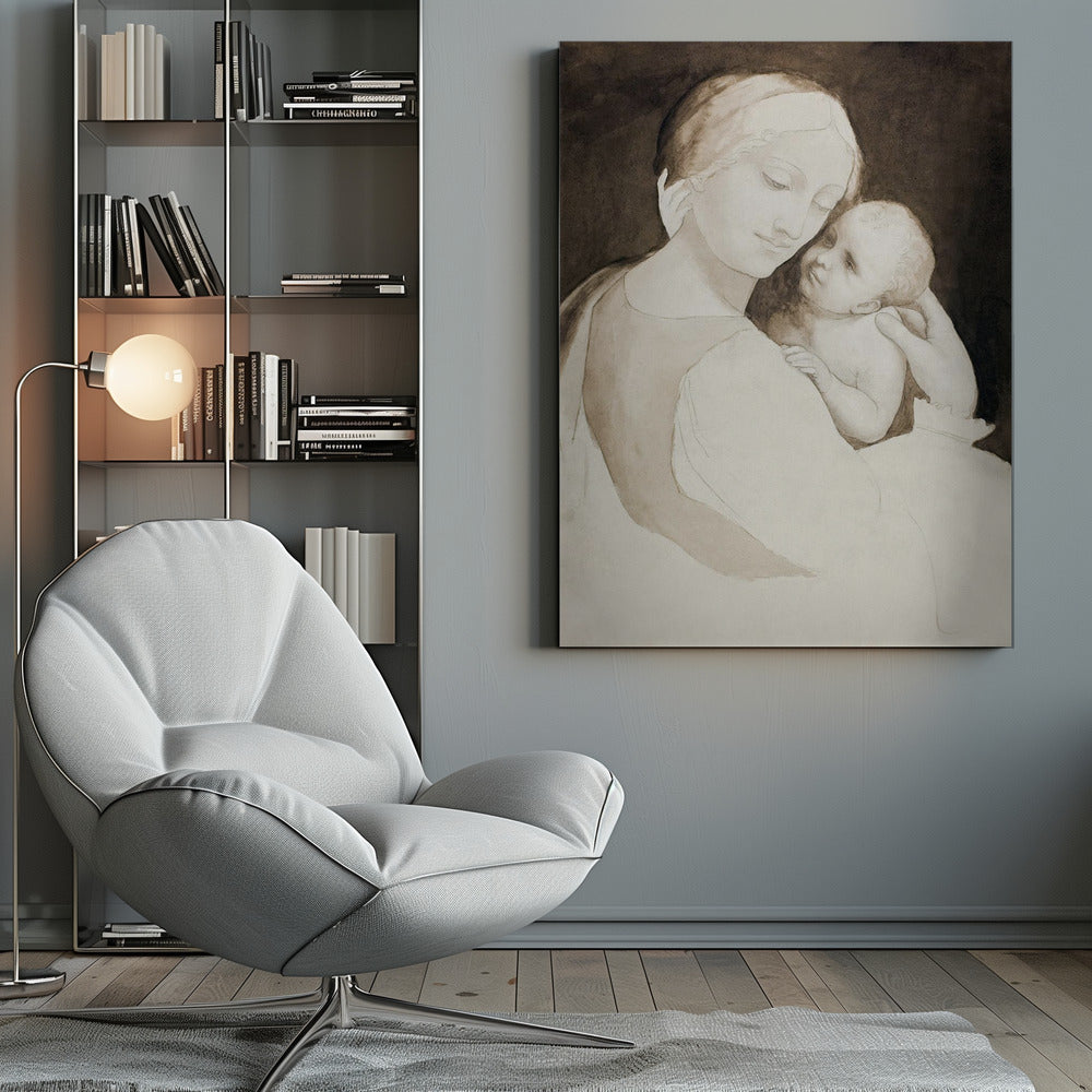 A sepia-toned ink wash painting of a mother and child in a classic Renaissance style. The mother, with a serene expression, holds the baby tenderly, looking down at them as the baby looks up at her against a dark background. Wall Art