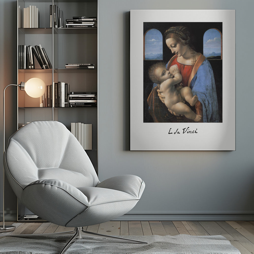 A framed art print of Leonardo da Vinci's painting 'Madonna Litta,' featuring the Virgin Mary in a red dress and blue cloak breastfeeding the infant Jesus. They are framed by two arched windows showing a distant landscape, all set within a black frame with white matting. Wall Art