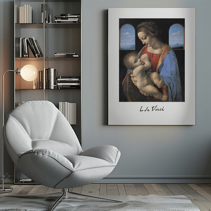 A framed art print of Leonardo da Vinci's painting 'Madonna Litta,' featuring the Virgin Mary in a red dress and blue cloak breastfeeding the infant Jesus. They are framed by two arched windows showing a distant landscape, all set within a black frame with white matting. Wall Art