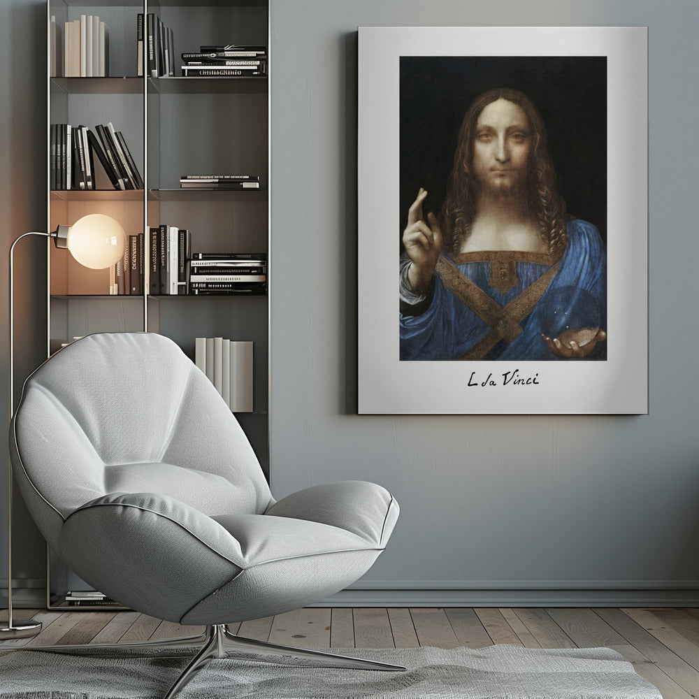A framed print of Leonardo da Vinci's painting 'Salvator Mundi', depicting Jesus Christ in a blue robe against a black background. He holds a crystal orb in one hand and gives a blessing with the other. The artist's name is written below the image. Artwork