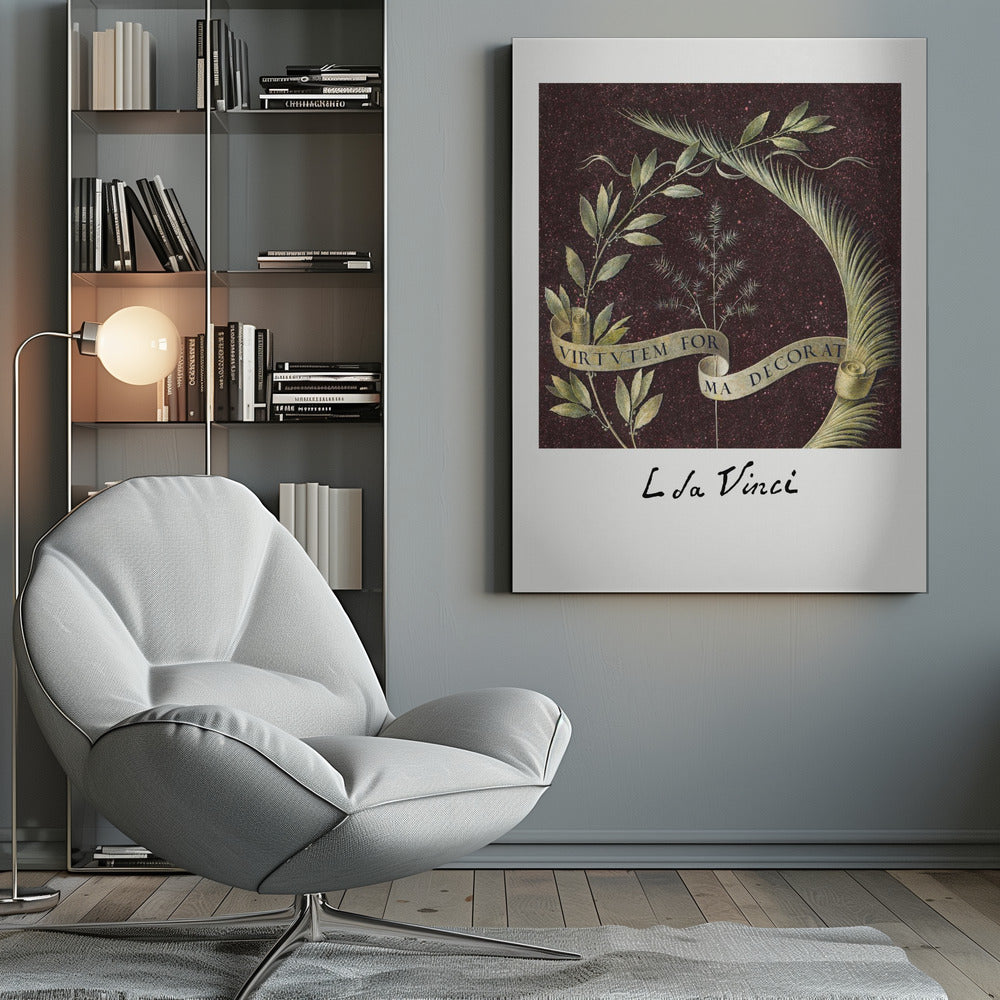 A classic art print by Leonardo da Vinci featuring a laurel branch and a palm frond against a dark, speckled maroon background. A beige ribbon weaves through the foliage with the Latin motto 'VIRTUTEM FORMA DECORAT'. The artist's signature 'L da Vinci' is written underneath on a white border. The artwork is presented in a black frame. Print