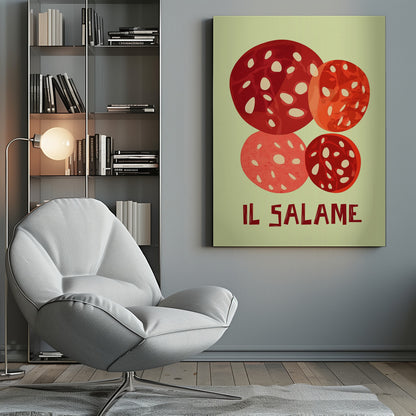 A vintage-style graphic art print of four overlapping slices of salami against a pale green background. The Italian words 'IL SALAME' are printed below in a dark, stylized font. The artwork is enclosed in a black frame. Poster