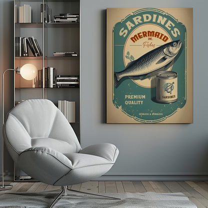 A vintage-style advertisement poster for Mermaid Inc. sardines, featuring a large illustrated sardine on a teal and beige label. The poster includes a can of sardines and text that reads 'Premium Quality' and 'Skinless & Boneless' in a distressed, retro design. Wall Art