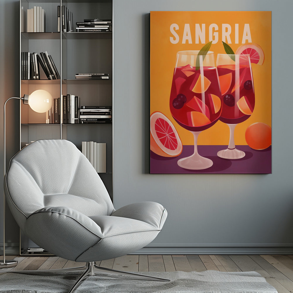 A vintage-style illustrated poster featuring two glasses of red sangria against a vibrant orange background. The glasses are filled with fruit slices, berries, and ice, and the word 'SANGRIA' is printed in large white letters at the top. Poster