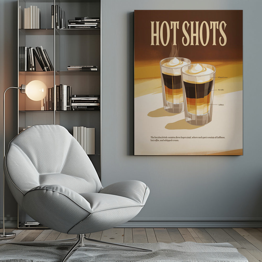 A vintage-style poster for a drink called 'Hot Shots'. The poster illustrates two layered drinks in shot glasses with labels for each layer: Galliano, hot coffee, and whipped cream. The design has a retro aesthetic with a warm brown and cream color palette. Wall Art