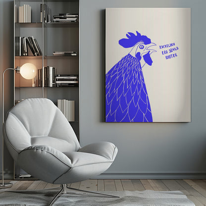 A graphic illustration of a rooster in profile, rendered in bold blue and white against a cream-colored background. The rooster has its beak open as if crowing, and next to it is the phrase in Swedish: 'KUCKELIKU ERA JÄVLA IDIOTER'. The image is shown within a black frame. Poster
